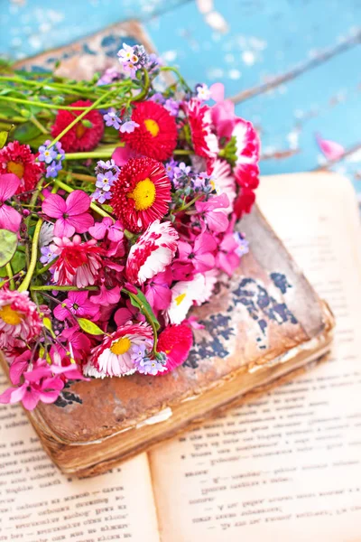 Fleurs Sauvages Vives Sur Vieux Livre Vintage — Photo