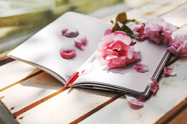 ガーデン テーブルの上のノートに切りたてのピンクの牡丹バラ — ストック写真