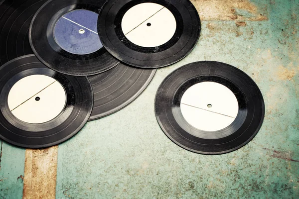 Closeup View Vinyl Records Heap Wooden Table — Stock Photo, Image