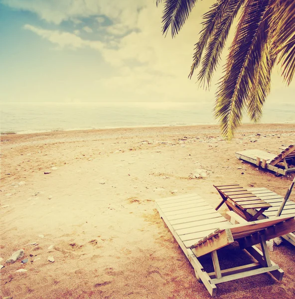 Tło Plaża Leżakami Palmami Pobliżu Morza — Zdjęcie stockowe