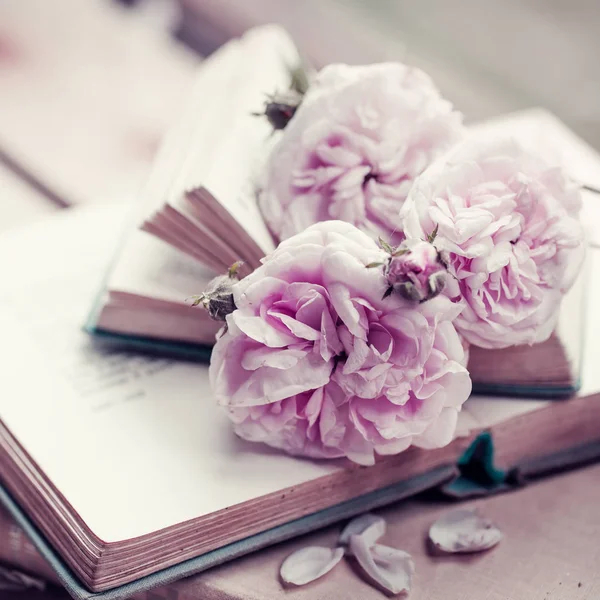 Pink Peony Roses Stacked Old Books — Stock Photo, Image