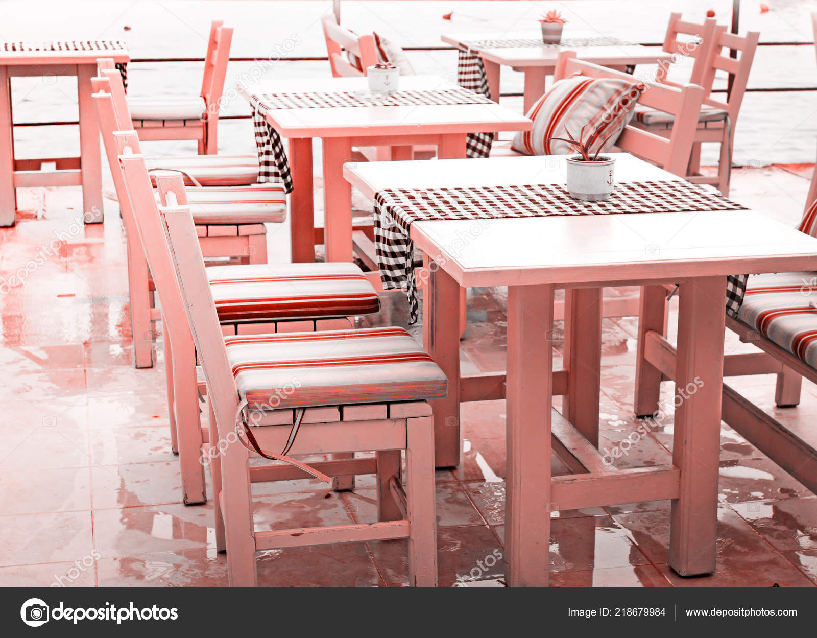 Outdoor Restaurant Terrace Wooden Tables Chairs Stock