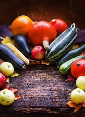 Ahşap yüzeyi ile sonbahar sonbahar hasat sebze yaprakları