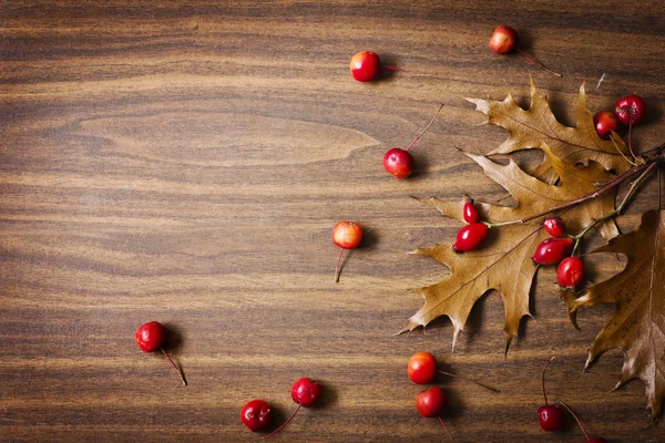 Blick Von Oben Auf Herbstblätter Und Beeren Auf Holztisch — Stockfoto