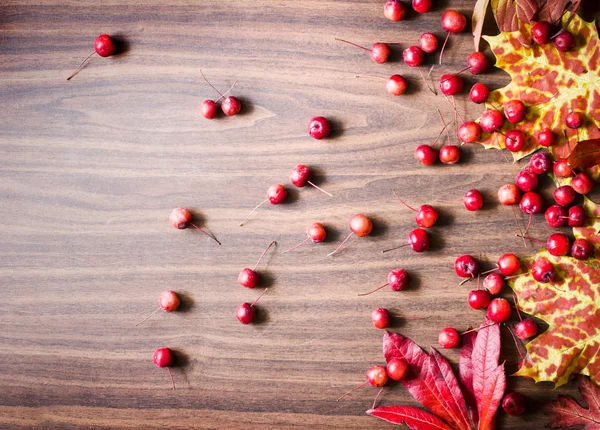 木桌上的浆果和叶子的顶端视图 — 图库照片