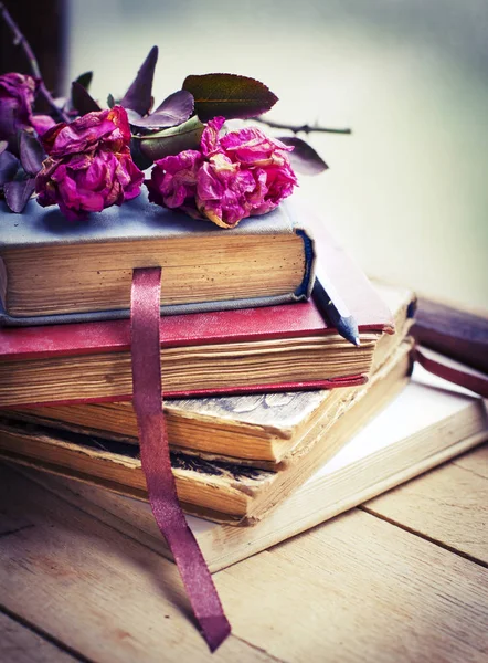 Rosas Secas Viejos Libros Vintage Con Lápiz — Foto de Stock