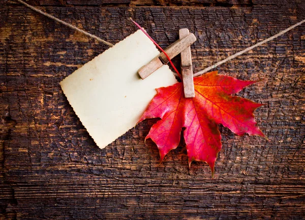 木製のテーブルの上に空のテンプレートと黄色の秋の葉の上から見る — ストック写真