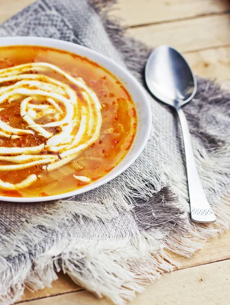 Delicious Soup Sour Cream Table — Stock Photo, Image