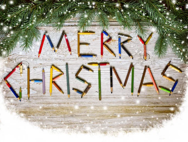 Lettering Merry Christmas Spruce Wooden Background — Stock Photo, Image