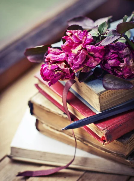 Rosas Secas Viejos Libros Vintage Con Lápiz — Foto de Stock