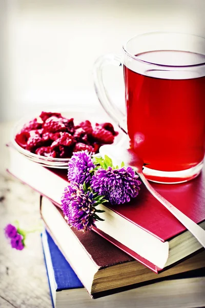 Closeup View Fresh Tea Cup Books — Stock Photo, Image