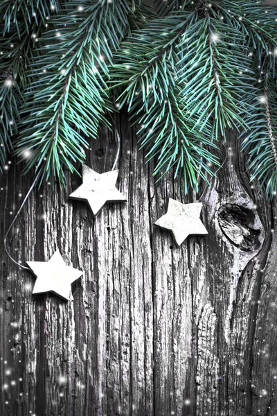 Fir Branches Christmas Decorative Stars Grey Wooden Background — Stock Photo, Image