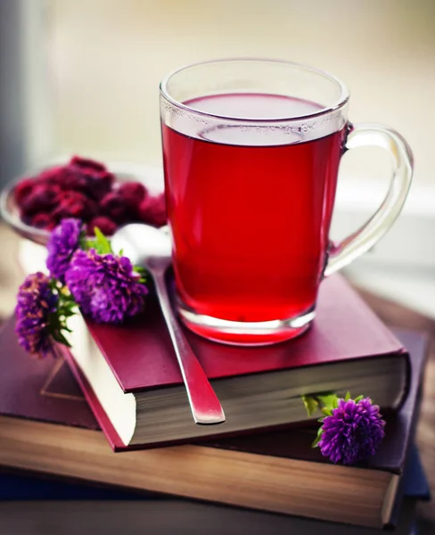 Closeup View Fresh Tea Cup Books — Stock Photo, Image