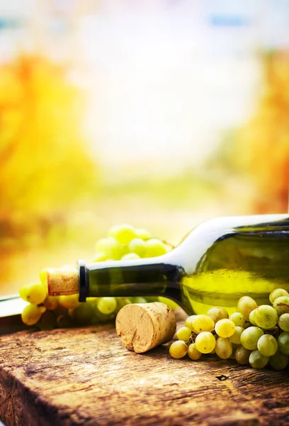 Bottle White Wine Grape Corks Wooden Table — Stock Photo, Image