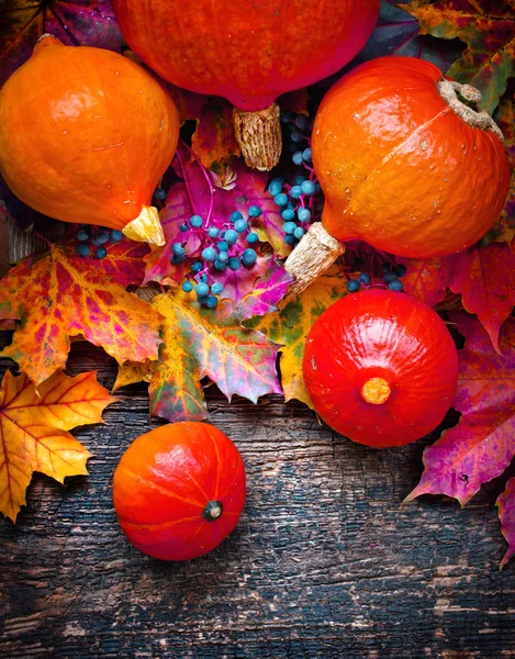 Closeup View Autumn Leaves Pumpkins Wooden Table — Stock Photo, Image