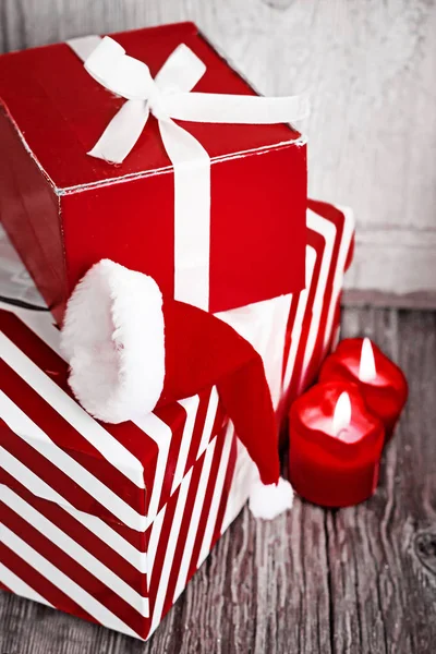 Closeup View Wrapped Christmas Gifts Holiday Decorations — Stock Photo, Image