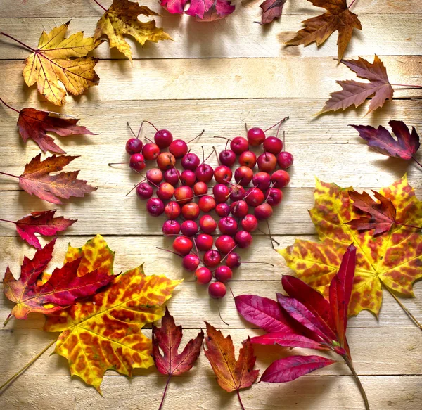 Cute Cherries Heart Autumn Leaves Wooden Background — Stock Photo, Image
