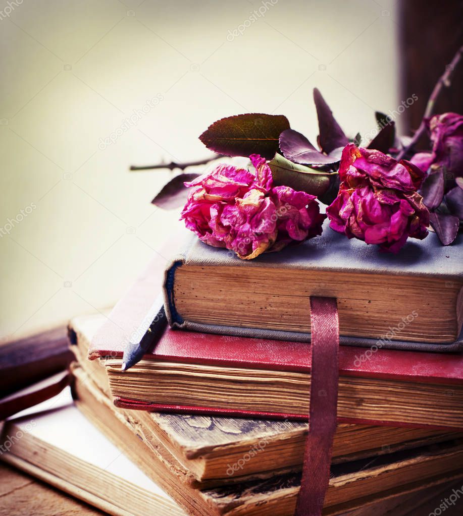 Dry roses on old vintage books with pencil 