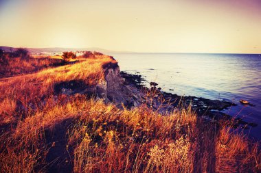 güzel sonbahar kayalık Plajı doğal görünümünü