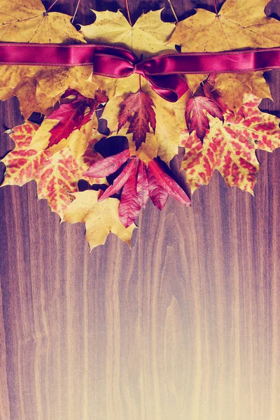 autumnal background with leaves on wooden surface