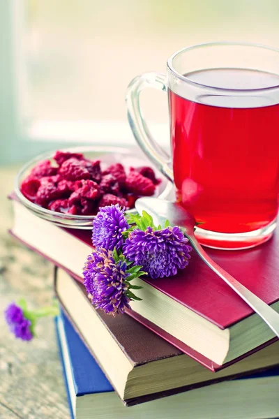 Closeup View Fresh Tea Cup Books — Stock Photo, Image