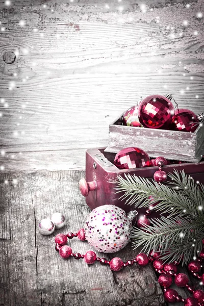 Adornos Navidad Brillantes Cajas Madera Vintage —  Fotos de Stock