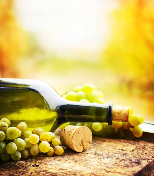 Bottle White Wine Grape Corks Wooden Table — Stock Photo, Image