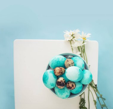 Pastel ve papatya çiçekler kase ile renkli Paskalya yumurtaları