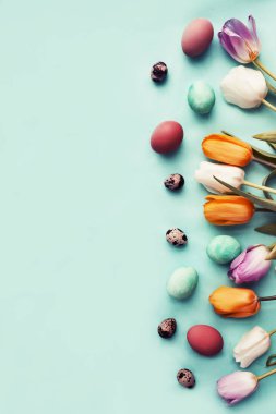 Paskalya yumurta tulip çiçek şenlikli bahar ile arka plan mavi