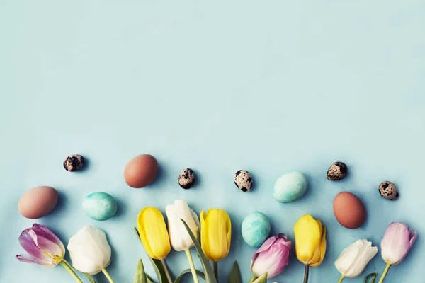 Ovos Páscoa Com Flores Tulipa Festiva Primavera Fundo Azul — Fotografia de Stock
