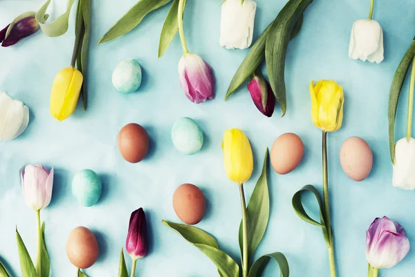 Pasqua Piatto Deporre Con Uova Fiori Tulipano Sfondo Blu Primavera — Foto Stock