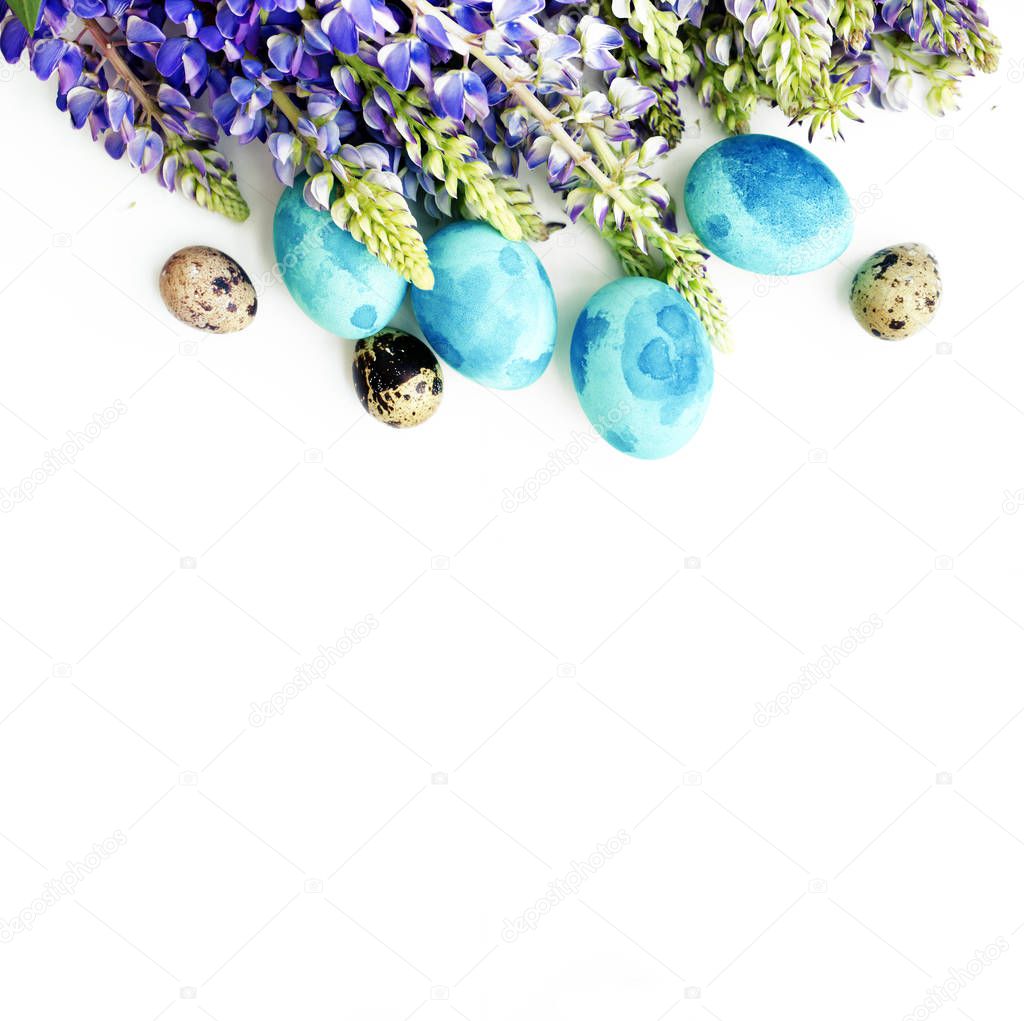 Holiday composition banner with Easter eggs and beautiful spring flowers