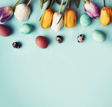 Paskalya yumurta tulip çiçek şenlikli bahar ile arka plan mavi