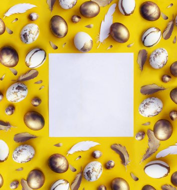 Dekoratif renkli Paskalya yumurtaları, tüyler ve Sarı zemin üzerine boş kartı şenlikli Paskalya düz yatırın