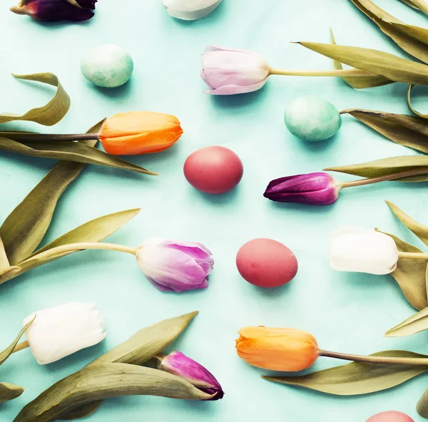 Pasqua Piatto Deporre Con Uova Fiori Tulipano Sfondo Blu Primavera — Foto Stock