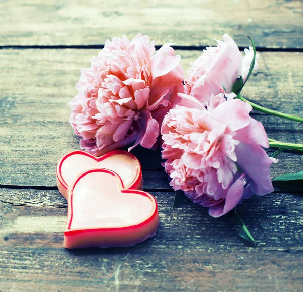 Dia Dos Namorados Plano Arranjo Leigos Com Flores Corações — Fotografia de Stock