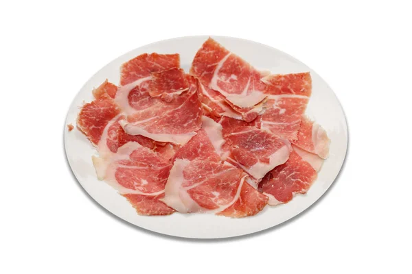 Dry-cured ham slices on plate white shadow and white background — Stock Photo, Image