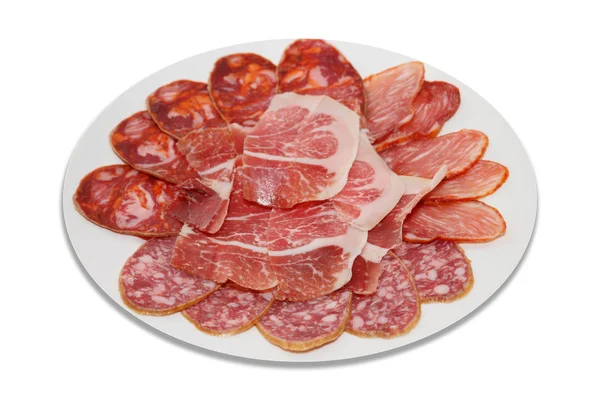 Dry-cured cold meat slices on plate and white background — Stock Photo, Image