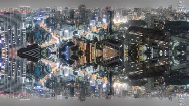 Nacht Time-Lapse van het centrum in Tokio, luchtfoto reflectie — Stockvideo