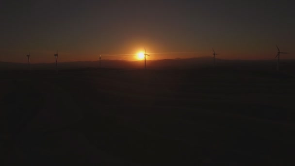 Wind turbines aerial view at sunset — Stock Video