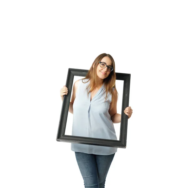 Front View Caucasian Woman Getting Out Black Frame — Stock Photo, Image