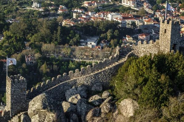 Long shot of Castle of moors walls in Sintra, Portugal
