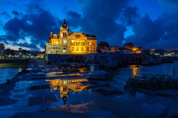 Cascais with Navy building at dusk with lights — Stock Photo, Image