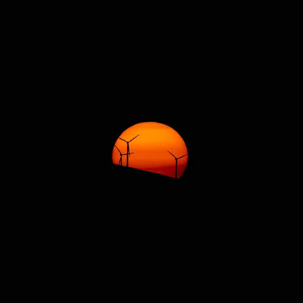 Orange sun and windmill farm at dusk — Stock Photo, Image