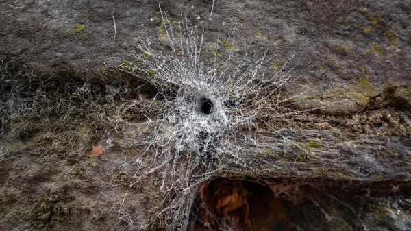 Spiderweb sobre pared de piedra vintage con agujero — Foto de Stock
