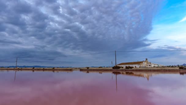 Розовый соляной пруд в соляной шахте, широкоугольный временной промежуток на восходе солнца — стоковое видео