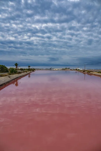 Piscine de sel rose au lever du soleil avec des nuages sombres — Photo