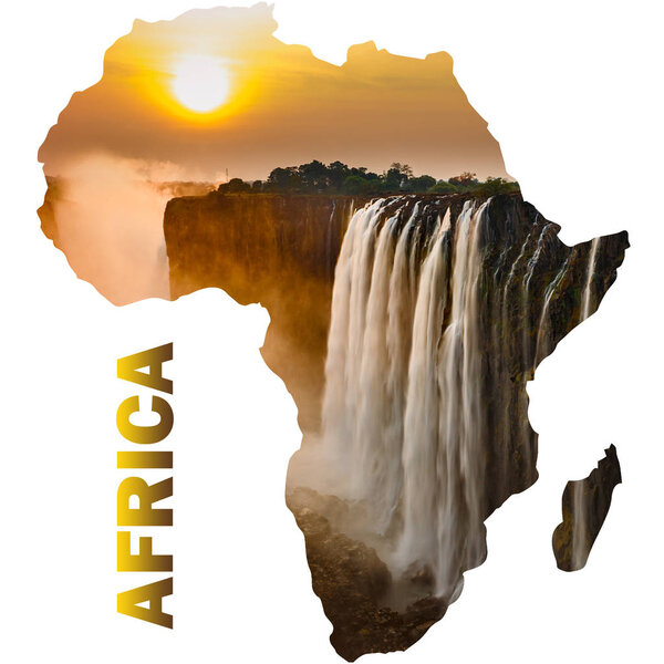 Africa continent shape with Victoria falls sunset with orange sun in the sky