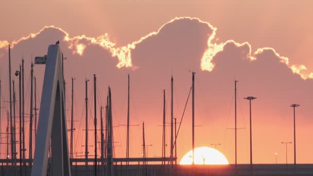 Marina zeilen masten bij zonsopgang met zon en wolken — Stockvideo