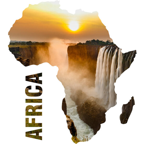 Africa continent outline with Victoria falls sunset with orange sun in the sky